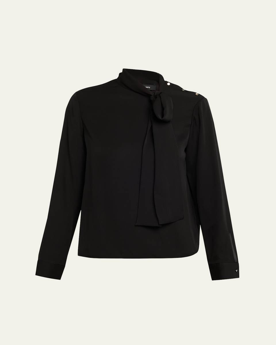 Long-Sleeve Silk Tie-Neck Blouse